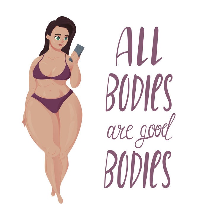 Happy plus size girl with smartphone in bikini. Happy body positive concept. All bodies are good text.